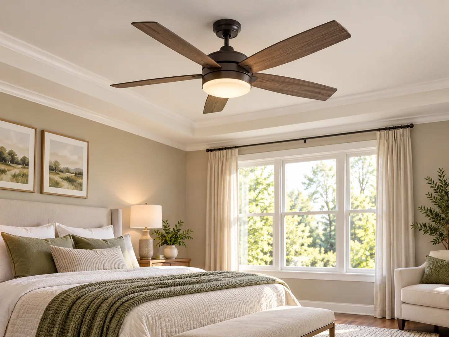 Ceiling fan with light kit in a bedroom