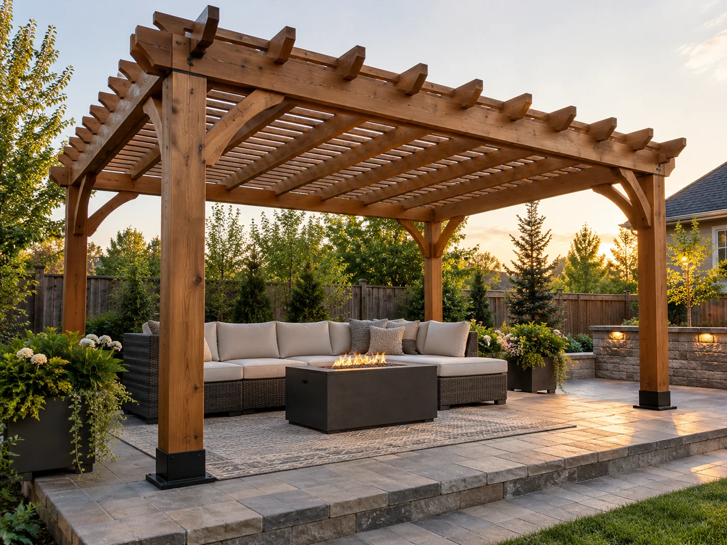 Cedar pergola over a backyard patio