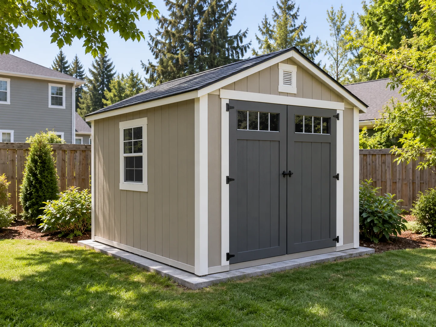 Backyard storage shed with double doors