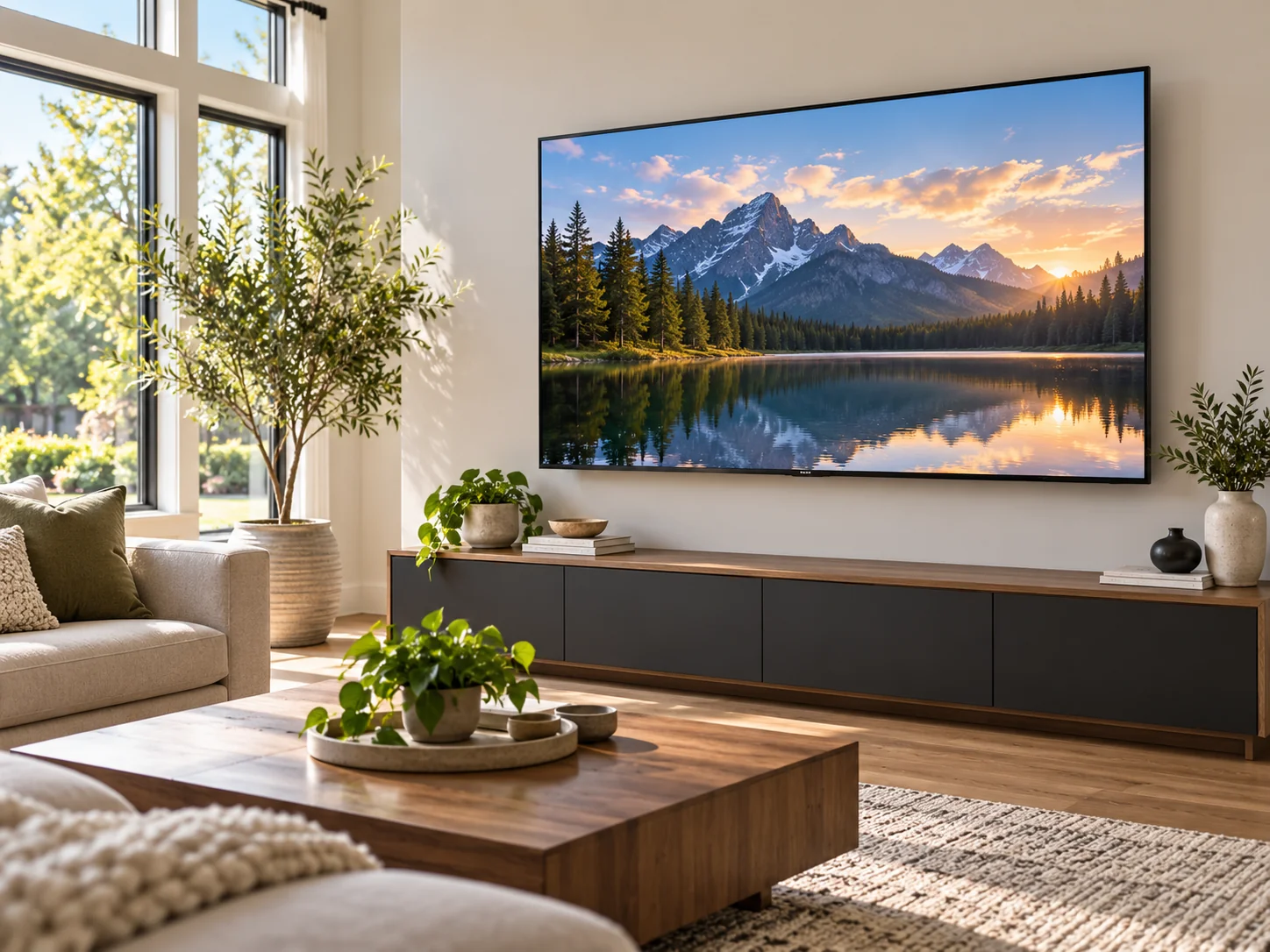 Wall-mounted television above a media console