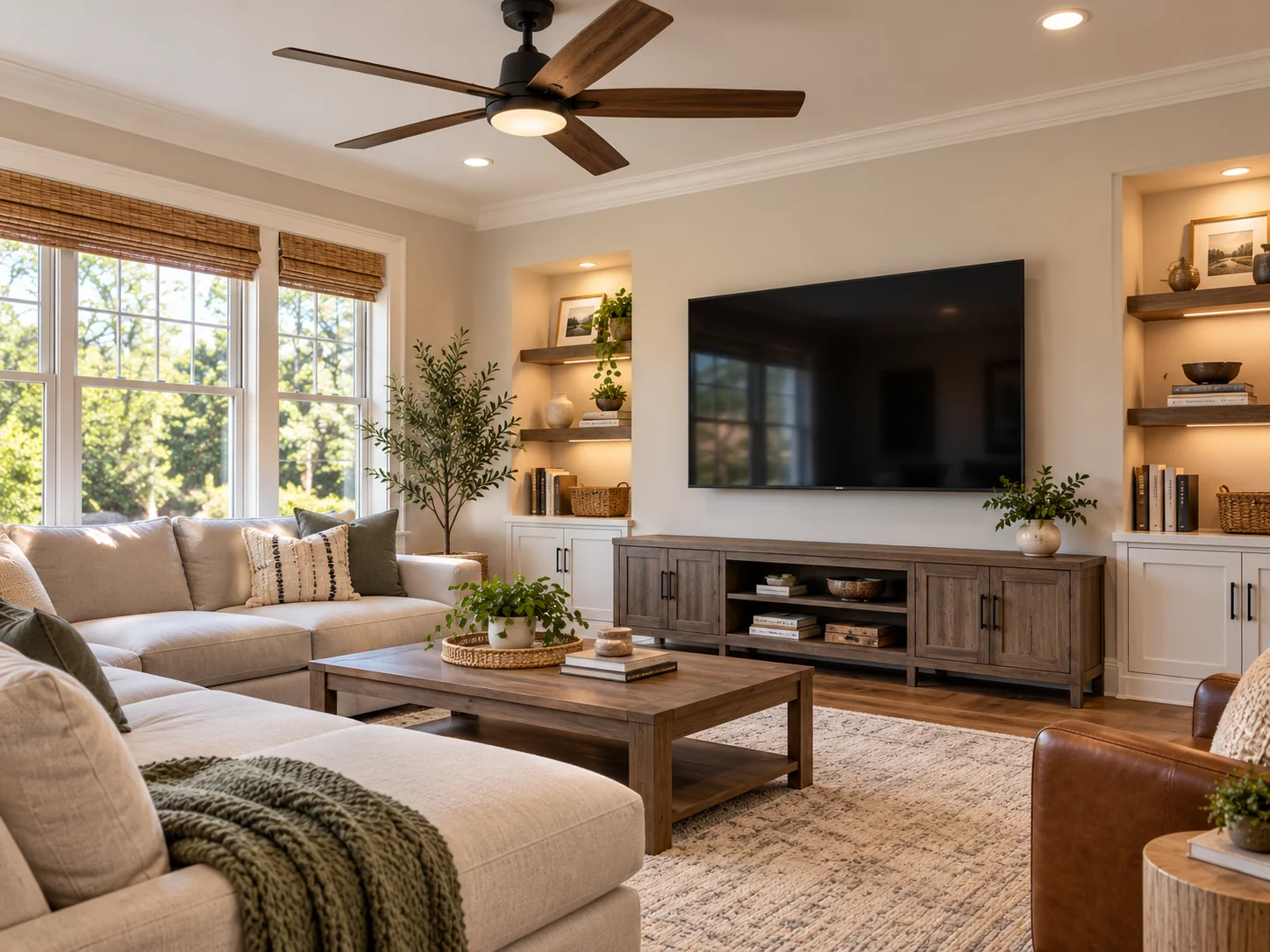 Living room with a wall-mounted television between built-in shelves